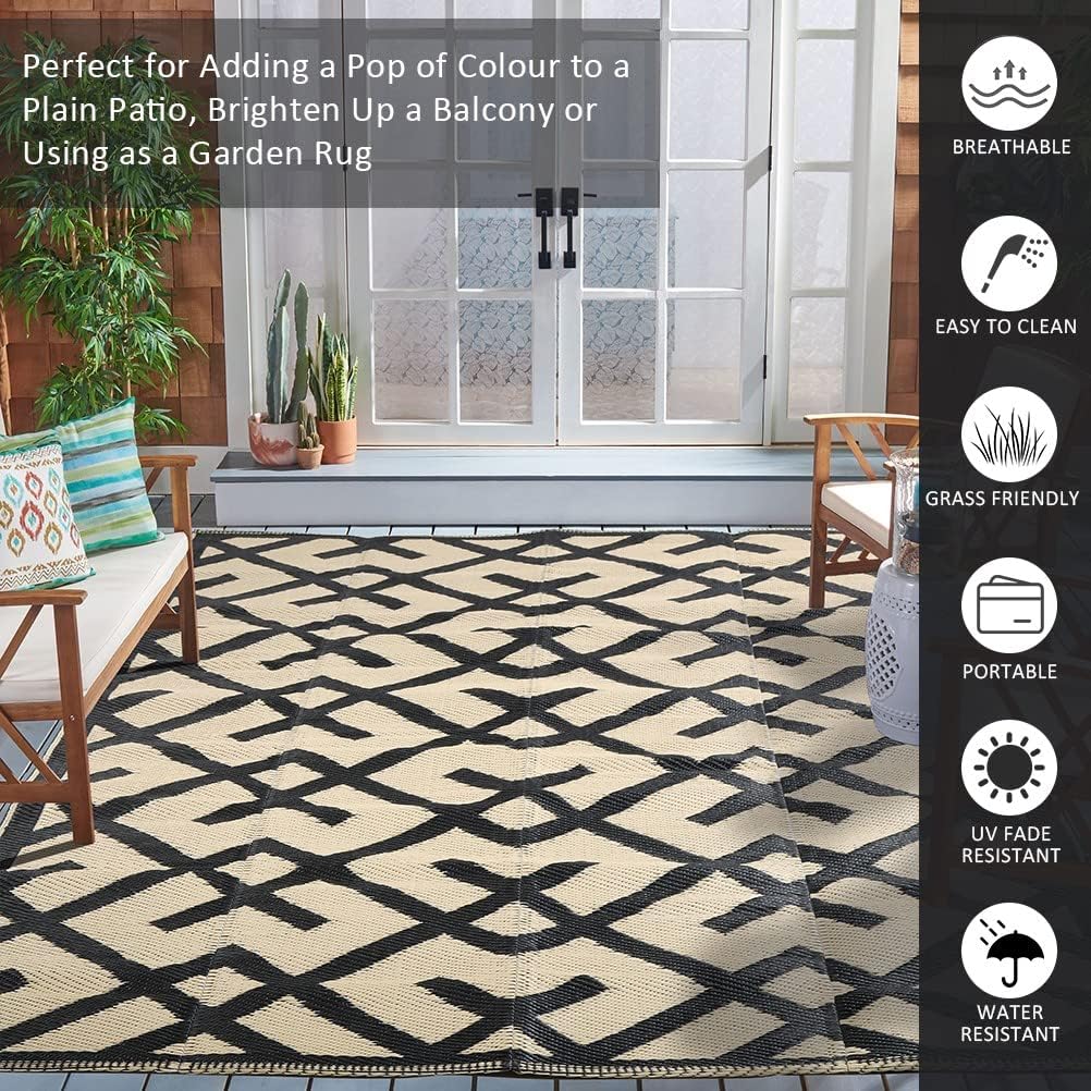 Reversible Mats - Plastic Straw Rug, Outdoor Rug, Modern Area Rugs, Large Floor Mat for Outdoors, RV, Garden, Patio, Backyard, Deck, Picnic, Beach, Camping, Black & Beige, 5' x 8'