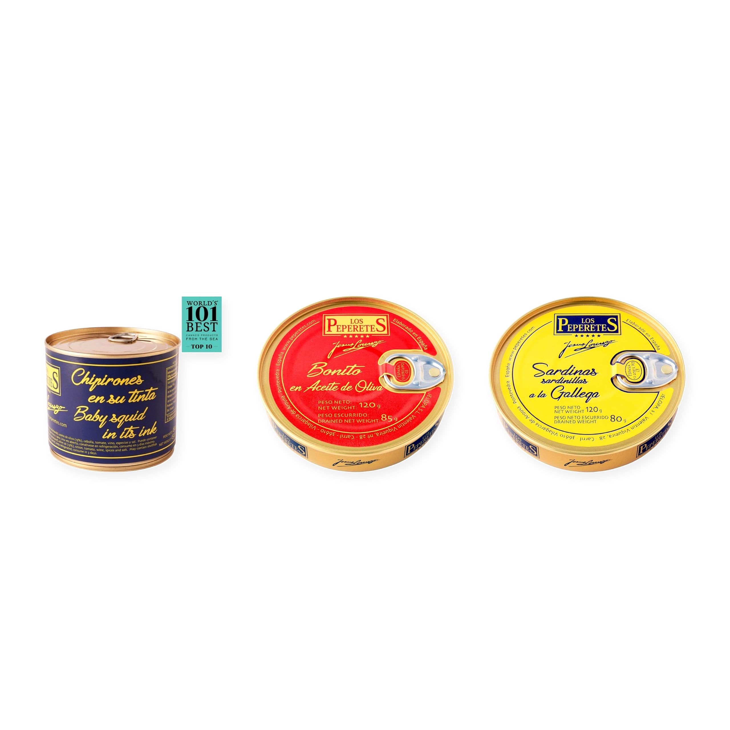 los peperetes conservas Chipirones Tinta 460g, Bonito Aceite Oliva y Sardinillas Gallega pack 3 latas
