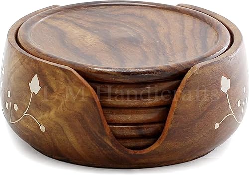 L M Handicrafts Wooden Lotus Tea Coaster with Half Barrel Shape Stand (3.5 Inch) - Set of 6