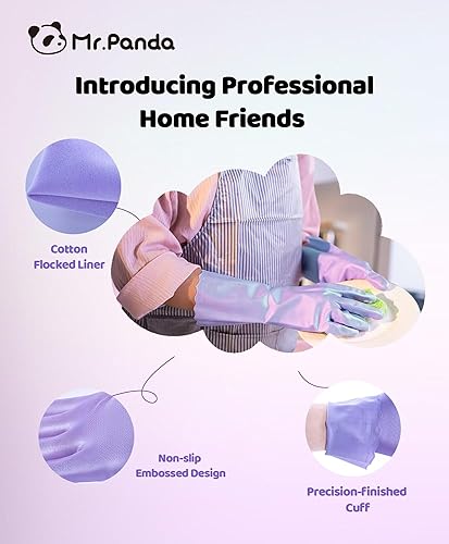 Miniatura 2 de Mr.Panda Guantes de limpieza de algodón flocado respetuosos con la piel, medianos, guantes reutilizables para lavar platos, cocina, color rosa