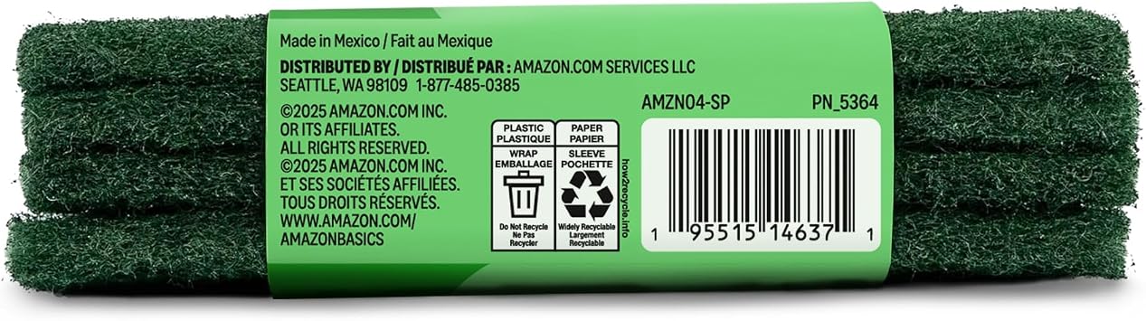 Amazon Basics Heavy Duty Scour Pads, Dish Scrubber for Kitchen + Outdoor, 4 Count, Pack of 1