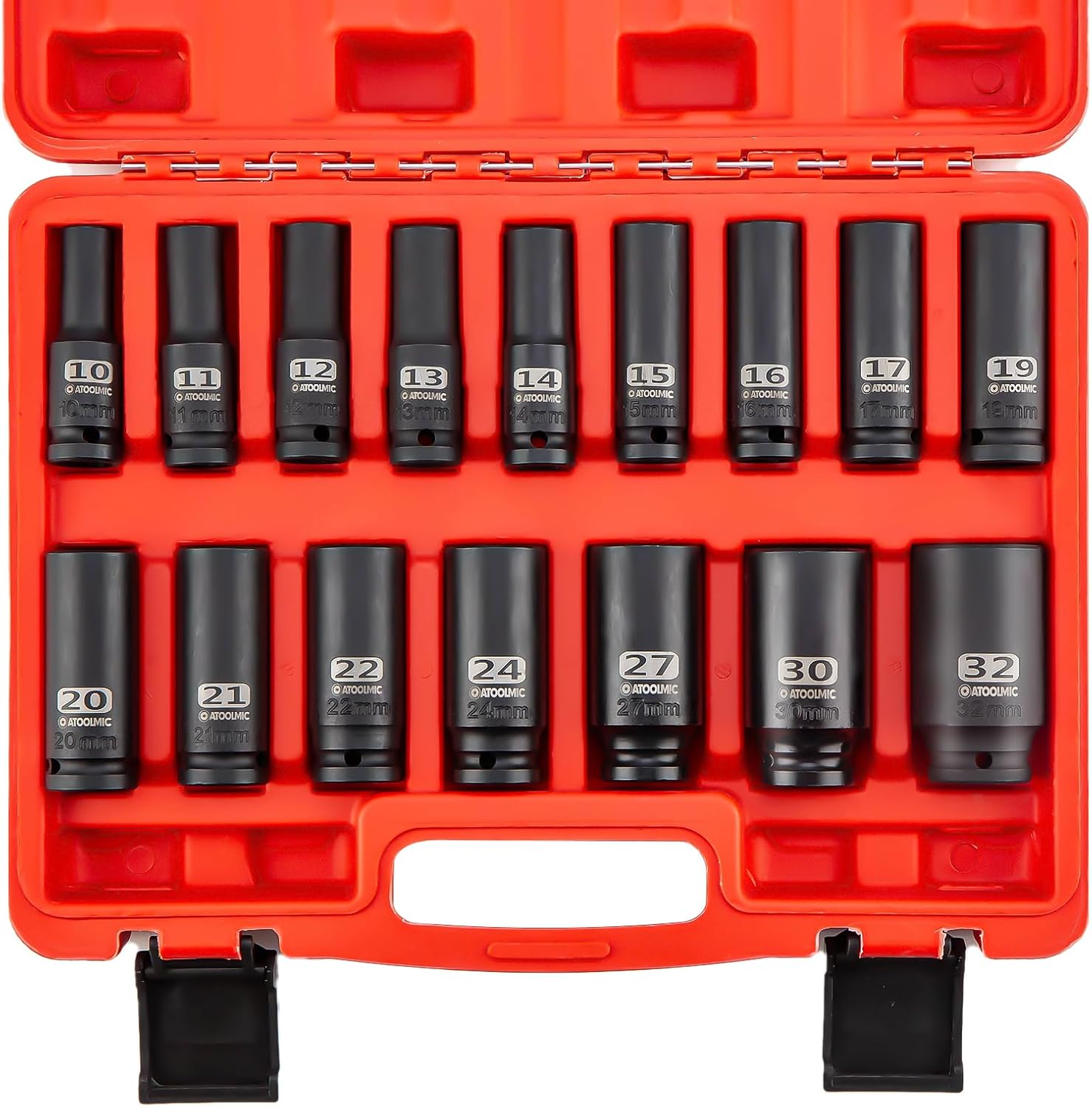 1/2 Inch Drive Impact 16 PCS Hex Socket Set,Metric Deep (10-32mm) Sockets,6 Point Radius Corner Design,CR-MO Alloy Steel,Square Chamfered Opening,Axle Nut Socket For Auto Repair