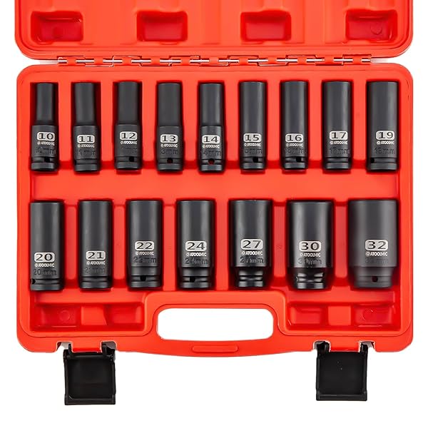 ATOOLMIC 1/2 Inch Drive Impact 16 PCS Hex Socket Set,Metric Deep (10-32mm) Sockets,6 Point Radius Corner Design,CR-MO Alloy Steel,Square Chamfered Opening,Axle Nut Socket For Auto Repair