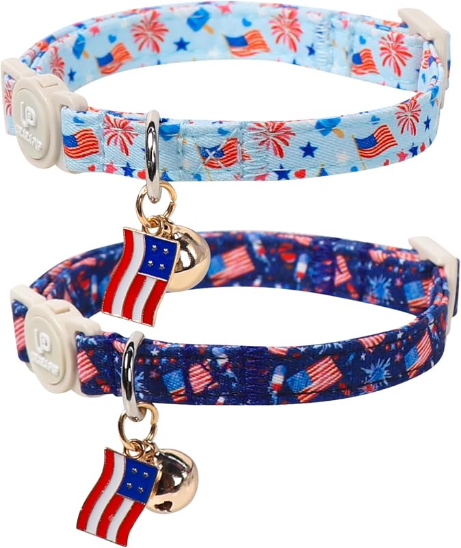 Coleira para Gatos com Fecho Breakaway, Algodão, Sino e Estampas Patrióticas, UP URARA PUP, Pacote com 2