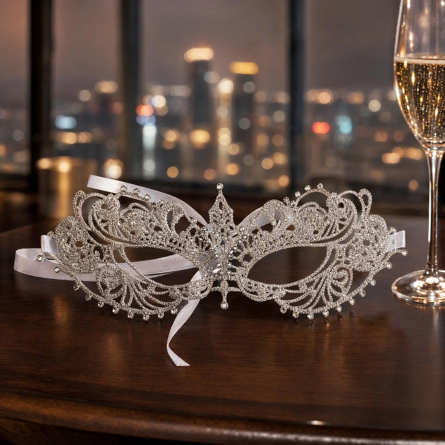 IMIKEYA Silver Lace Masquerade Mask, Rhinestone Eye Cover