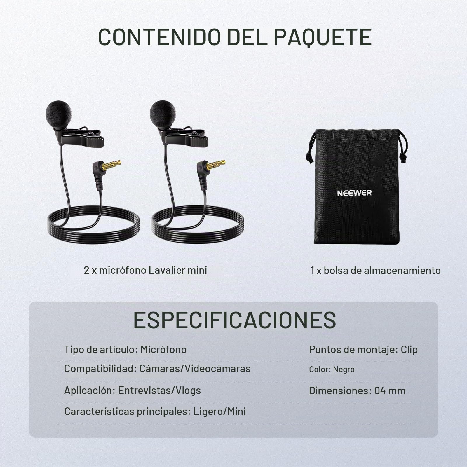 NEEWER ø4mm Mini Micrófono Solapa (Paquete de 2), Clip On Mic Solapa Condensador Cable con 5ft/1,5m 3,5mm Conector TRS, Compatible con dji Mic 2 Rode Wireless Go II NEEWER CM28 CM31 Cámara, LM8 | Set de Micrófono Solapa, Cable 1,5m Conector TRS 3,5mm, com