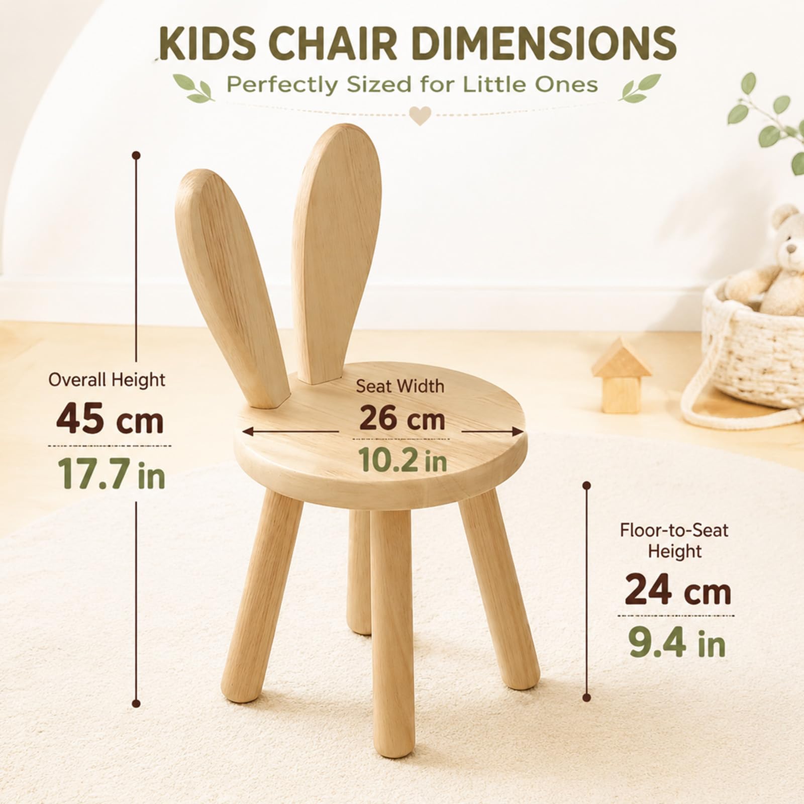 Kinderstuhl Holz, Kinderstuhl ab 3 Jahr Massiv, Kinderzimmer Stuhl 45 x 26cm mit Hasenohren Rückenlehne, Kinderhocker für Essen, Lesen und Spielen