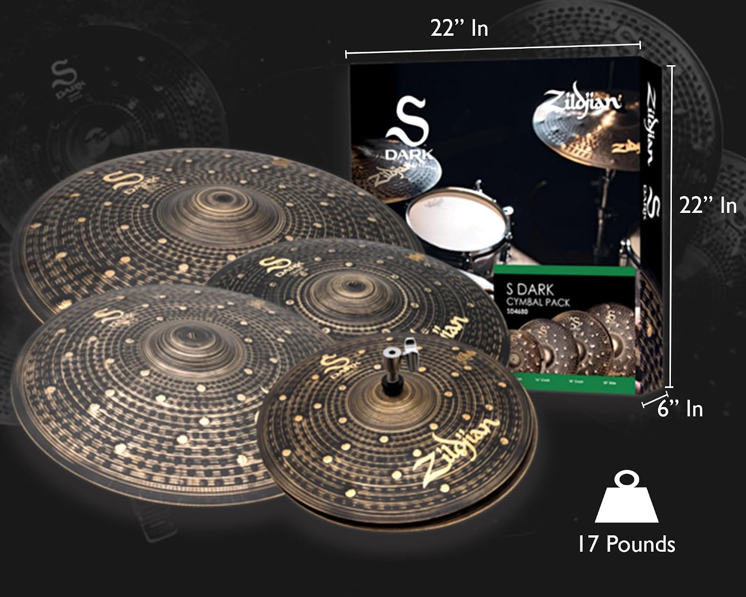 Zildjian SD4680 S Family Dark Cymbal Pack Bundle with Cymbal Bag, Drumsticks, and Austin Bazaar Polishing Cloth