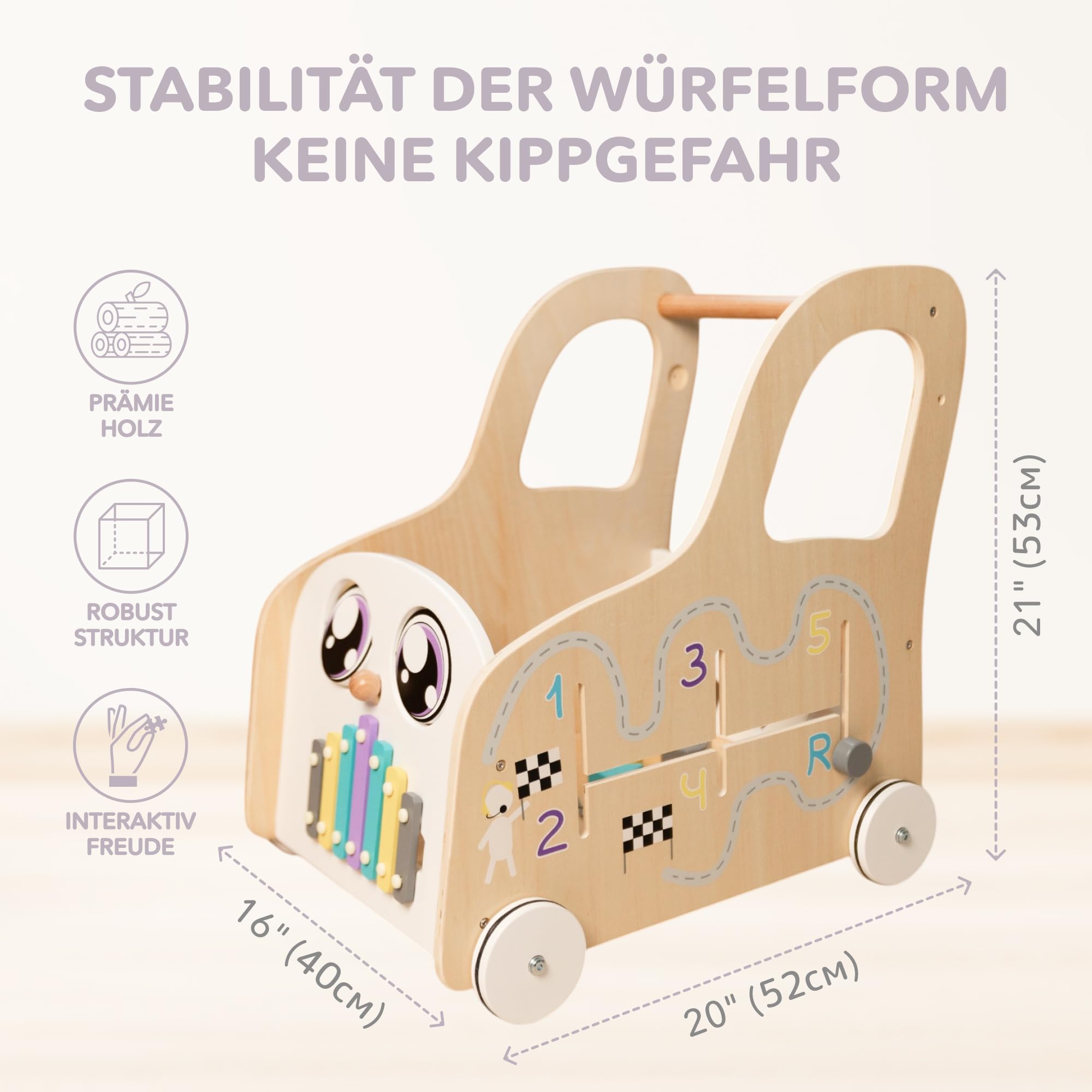 Cateam Lauflernwagen Baby mit rädern - Holzspielzeug mit Lauflernhilfe, Motorikwürfel und Gehfrei - Montessori Spielzeug Busy Board - Push & Pull Lauflernspielzeug mit Aufbewahrung Körb, Babyschieber