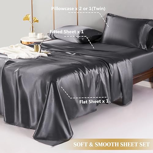 Miniatura 3 de UDEAL Juego de sábanas de satén y fundas de almohada tamaño individual, juego de sábanas refrescantes suaves y sedosas con bolsillo profundo, sábana