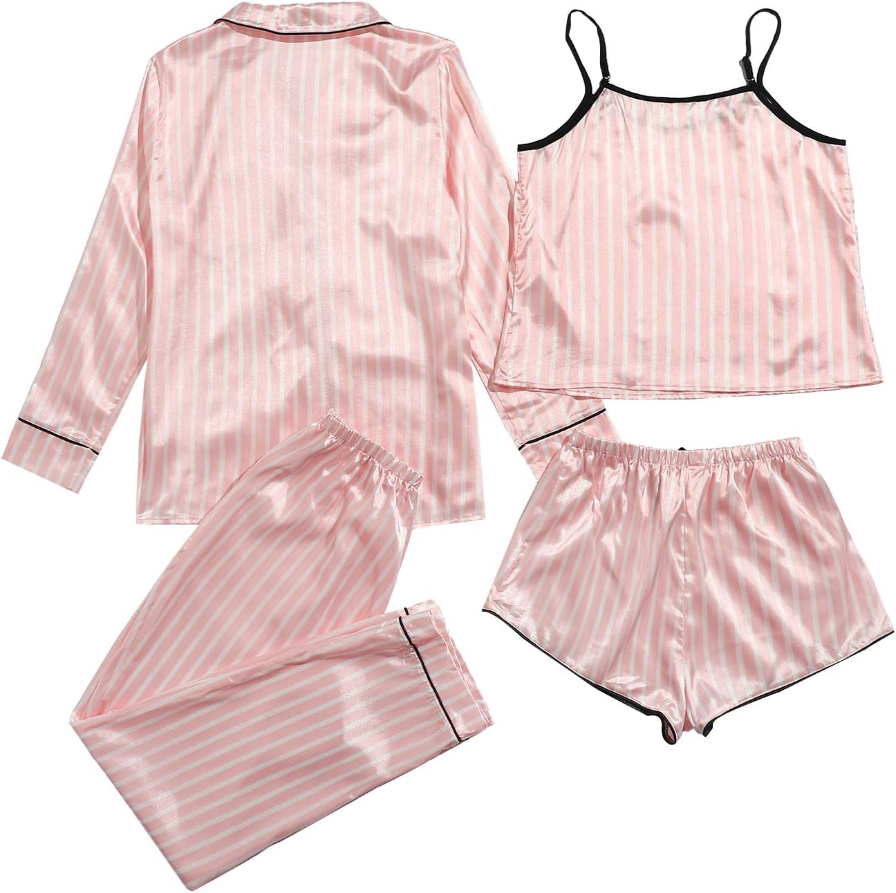 WDIRARA Women's Silk Satin Pajama Set 4 Pieces Sleepwear Loungewear Pj Sets - Image 2