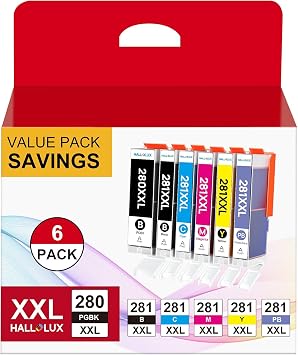 استبدال خرطوشة الحبر المتوافقة مع HALLOLUX لـ Canon PGI-280XXL CLI-281XXL PGI 280 XXL CLI 281 XXL لتتوافق مع TR8520 TS8322 TS9120 TS6220 TS9520 TS8220 TS9521C TS6120 TS8120 6-Pack