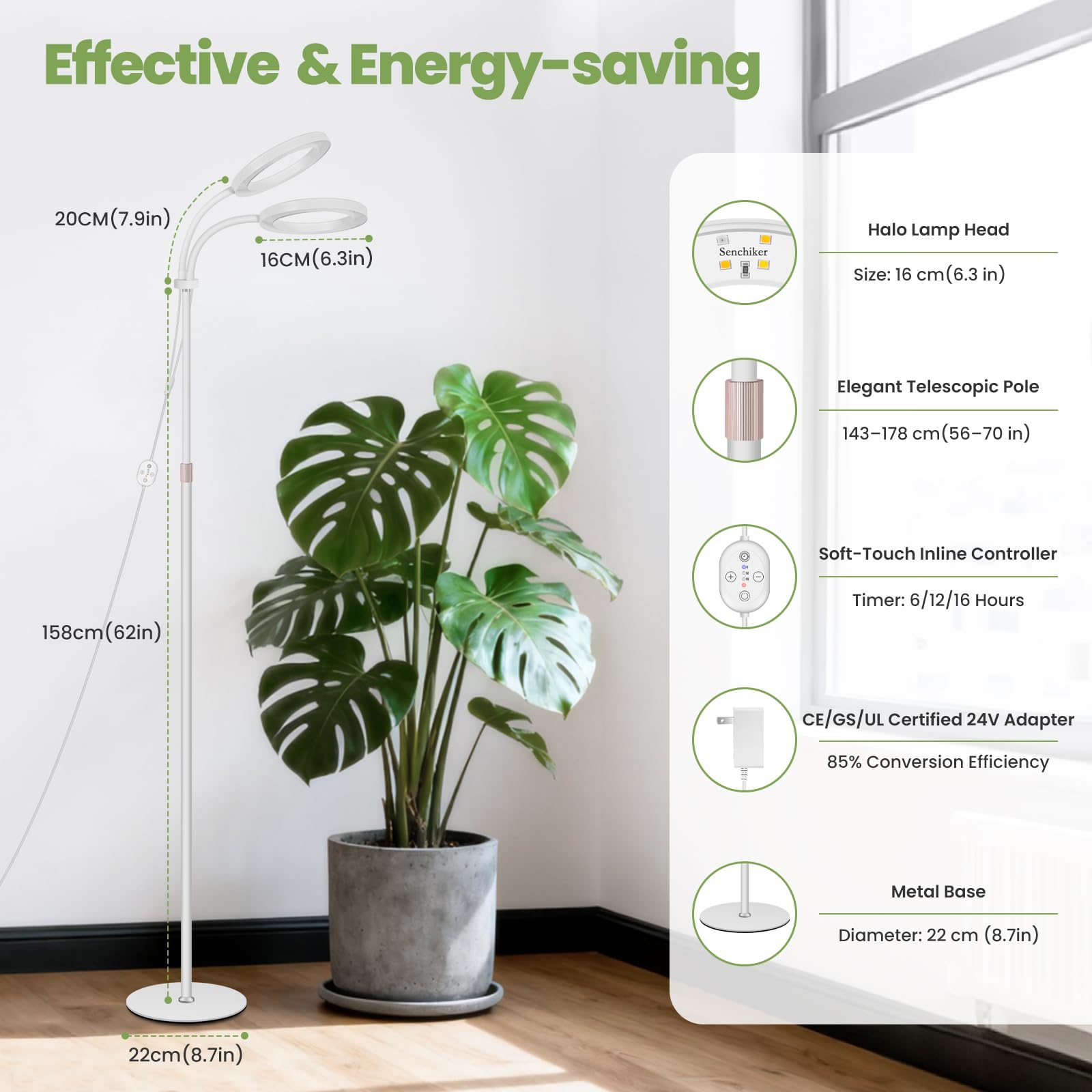 Gran lámpara de cultivo 24 V para plantas de interior, espectro completo con 660 nm reforzado, LED LUMILEDS, 2×16 cm lámparas con temporizador y regulación, altura 56–178 cm, base 22 cm, 30 W