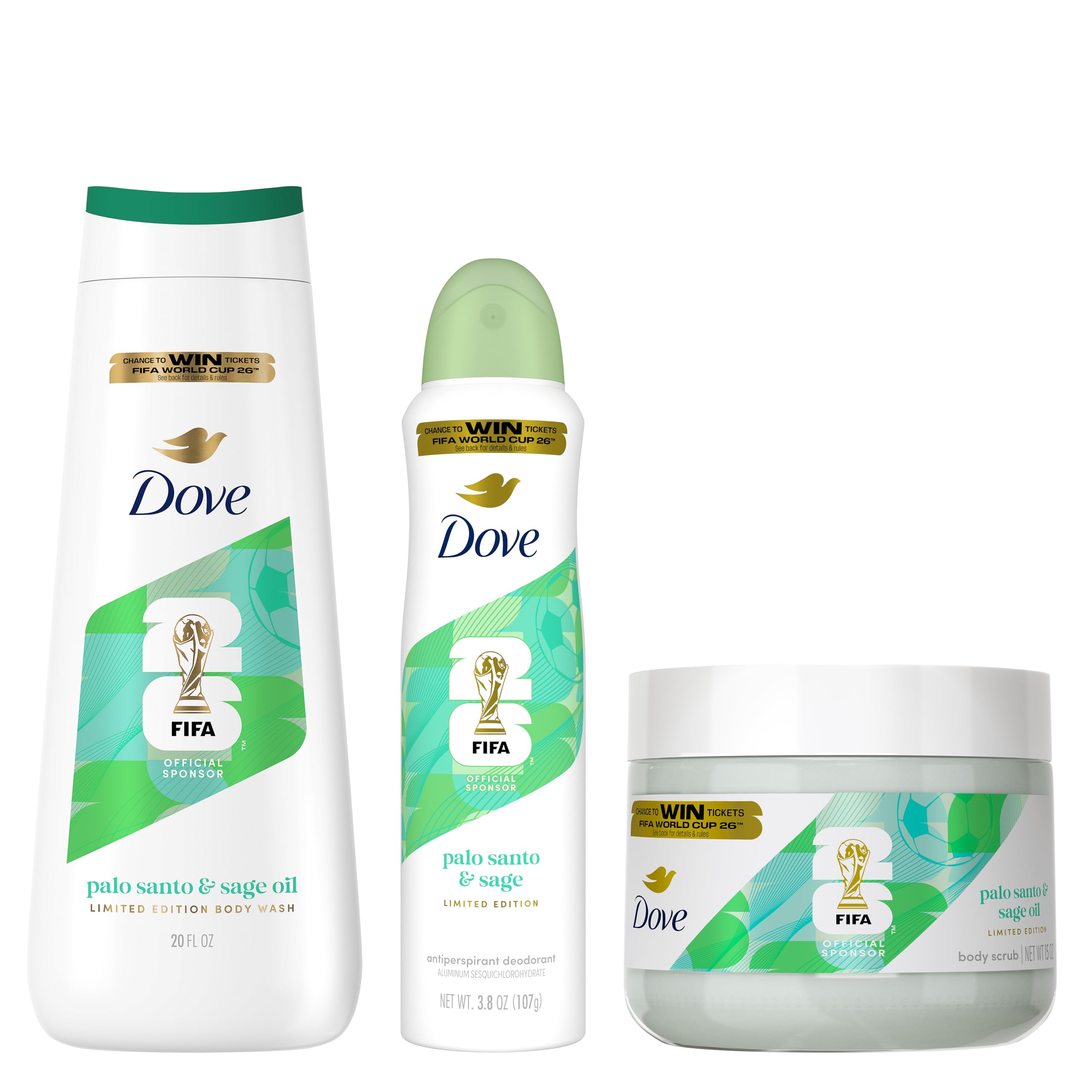 Dove FIFA World Cup 2026 Limited Edition Hydrating Regimen 3‑Pack – Palo Santo & Sage Oil Body Wash, 24‑Hour Nourishing MicroMoisture, Vegan & Dermatologist‑Recommended