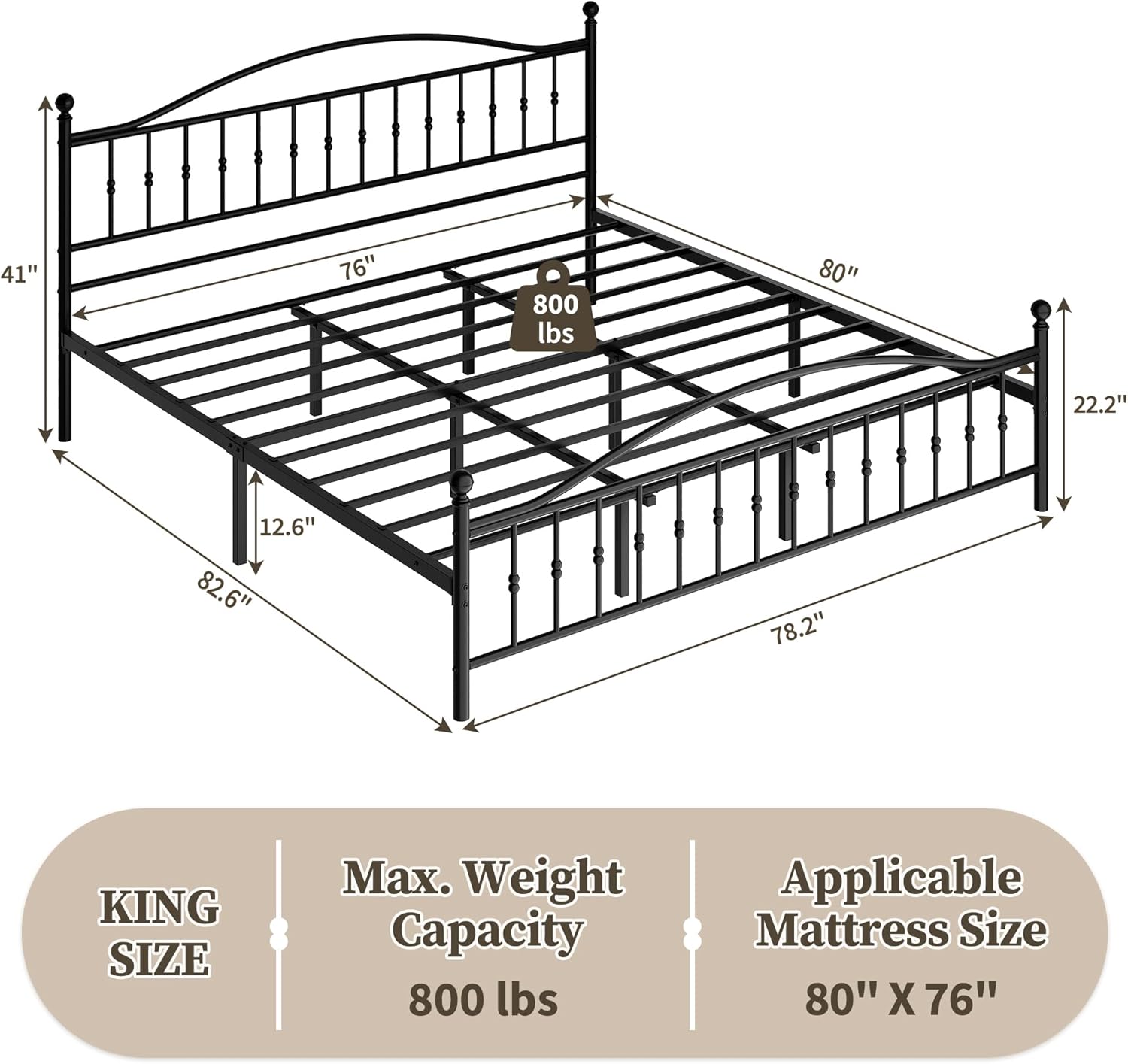 Garvee King Size Metal Bed Frame with Vintage Circular Headboard and Footboard, Heavy-Duty Iron Platform Bed, No Box Spring Needed, Noise-Free and Easy Assembly, Black - Image 2