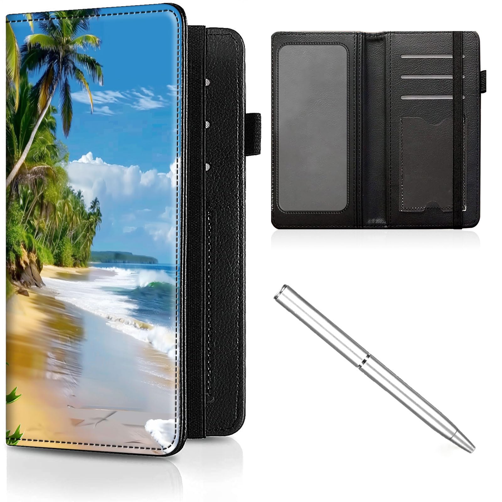CheckBook Cover for Women Men,Leather RFID Blocking Check Book Wallet,Personal Checkbook and Register,with Credit Card Slot & Elastic Strap and Women's Checkbook Covers,Beach Coconut Trees -481
