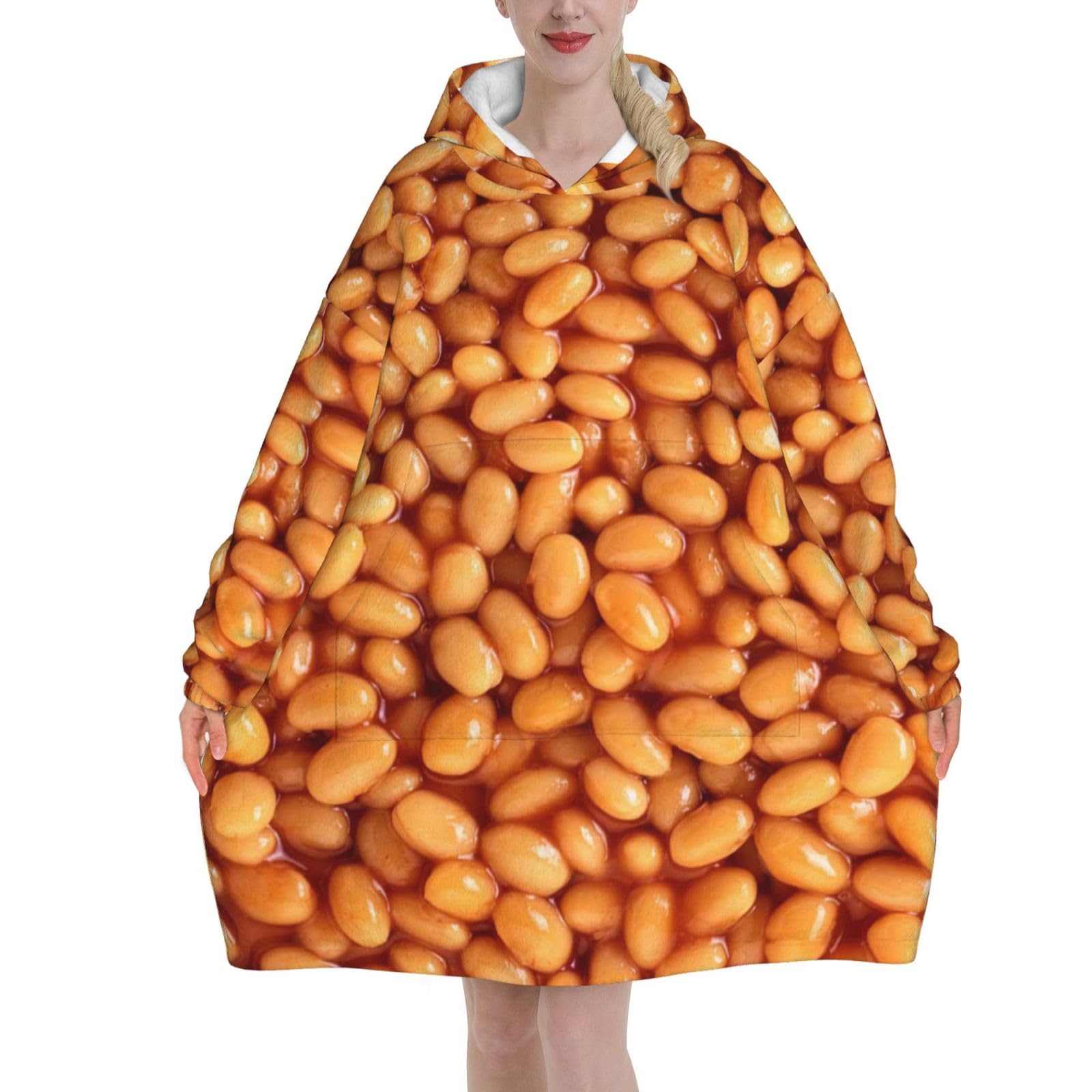 Yxdvpalne Unisex As Picture Baked Beans Oversized Women's Wearable Blanket Hoodie, Flannel Pullover Blanket, Blanket Sweatshirt