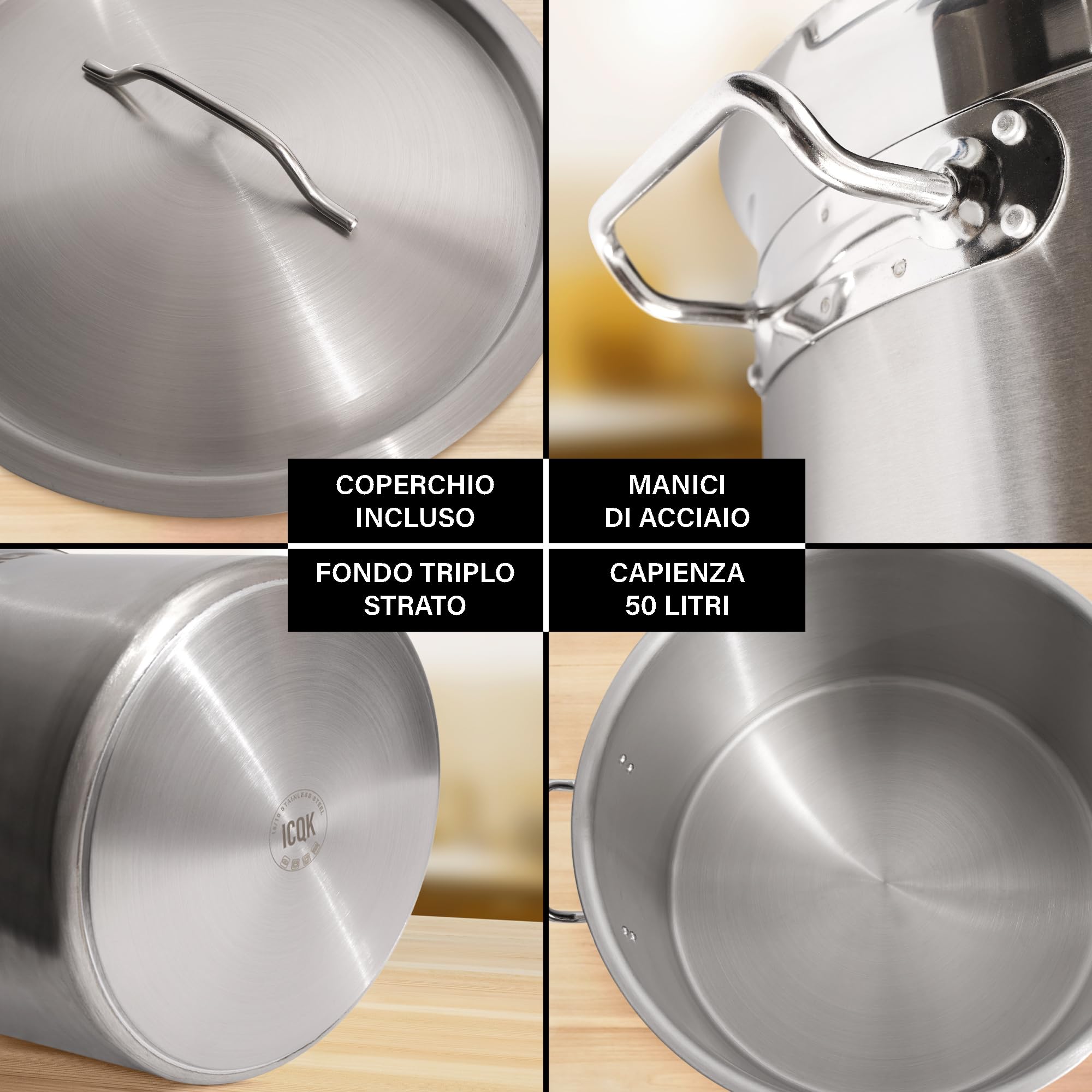 Pentola in Acciaio Inox 50 L, Coperchio Incluso, ⌀40 cm, Con Bordo A Versare, Compatibile con Induzione, Elettrico, Ceramica, Gas, Fondo Triplo Strato, Manici in Acciaio, Assistenza ITALIA