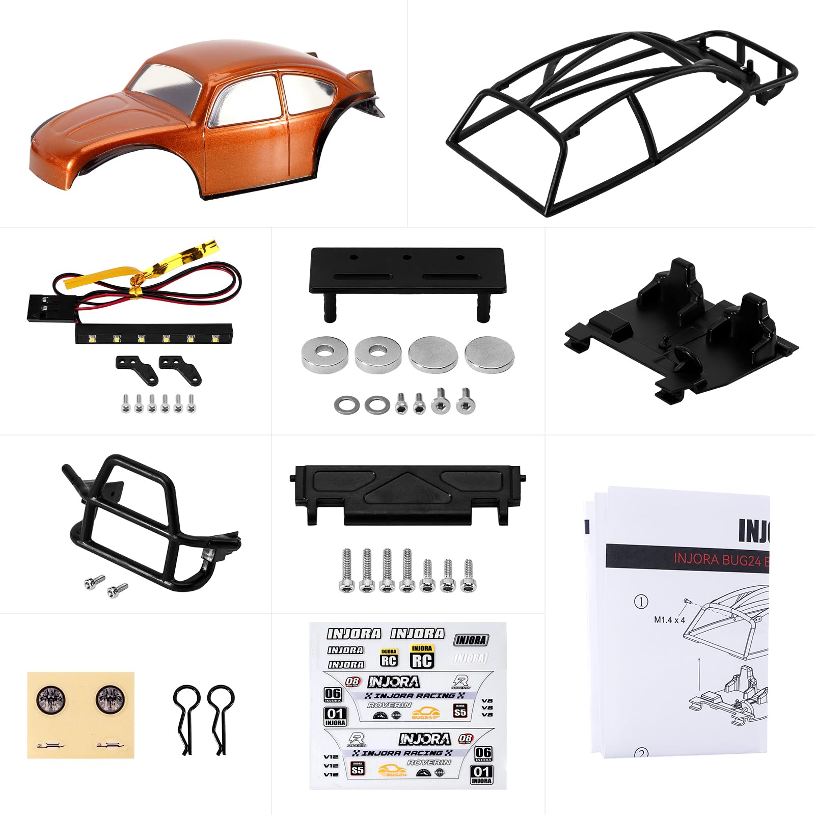 INJORA BUG24 Body with Roll Cage for 1/24 Axial SCX24 C10 JLU Bronco 4Runner Base Camp, Orange - Image 2