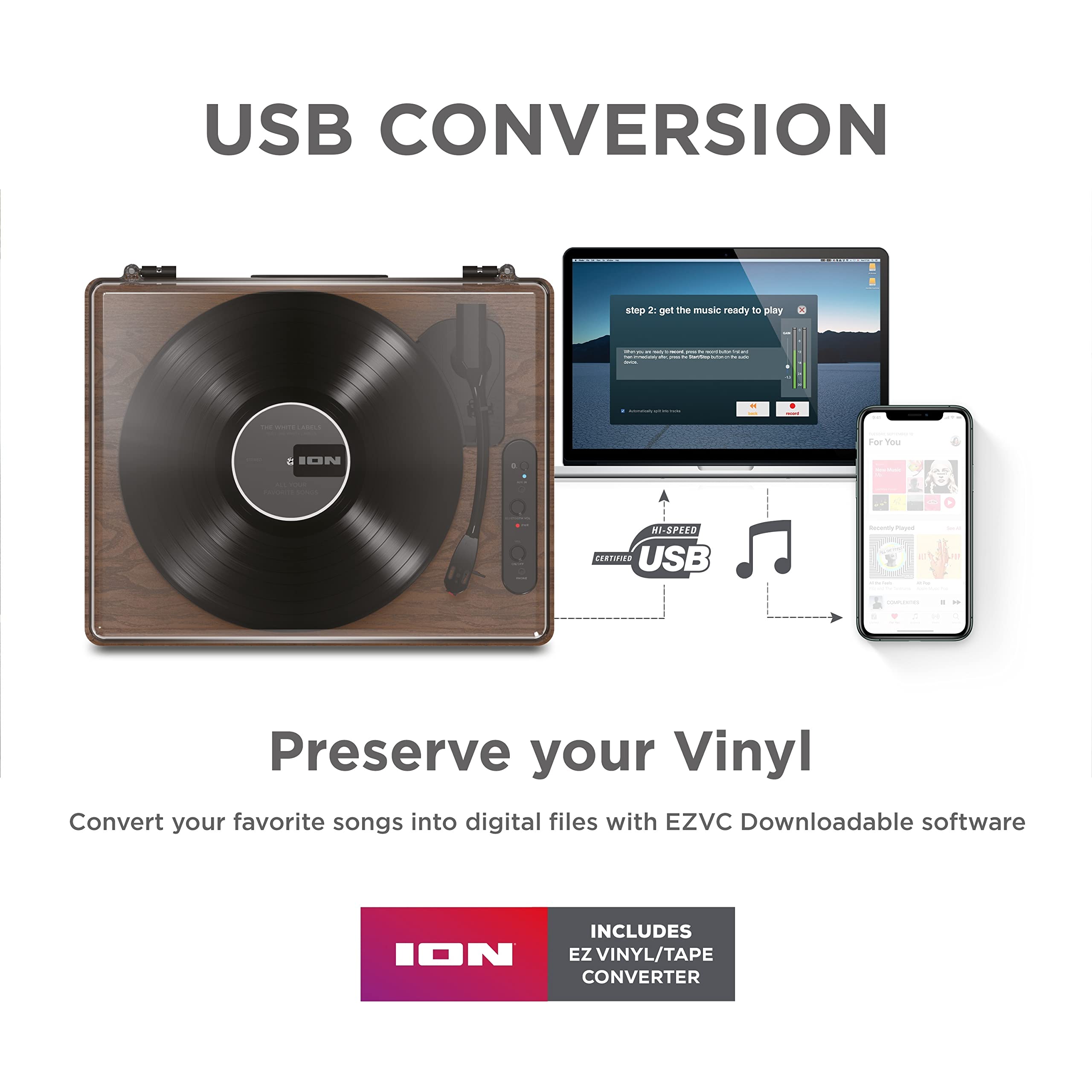 ION Audio Luxe LP Bluetooth Vinyl Record Player with Speakers, USB