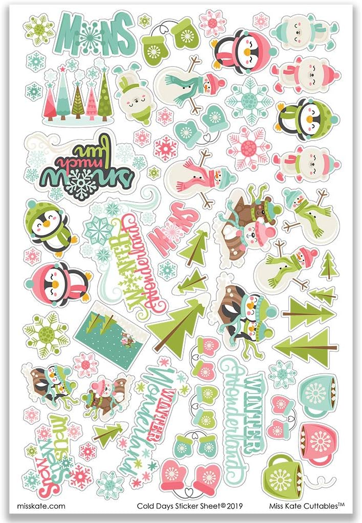 Miss Kate Cuttables Paper & Sticker Kit - Cold Days - Winter - 20 Double-Sided 12x12 Papers with 39 Designs & 1 8X12 Sticker Sheet - Scrapbooking Card Making Crafting
