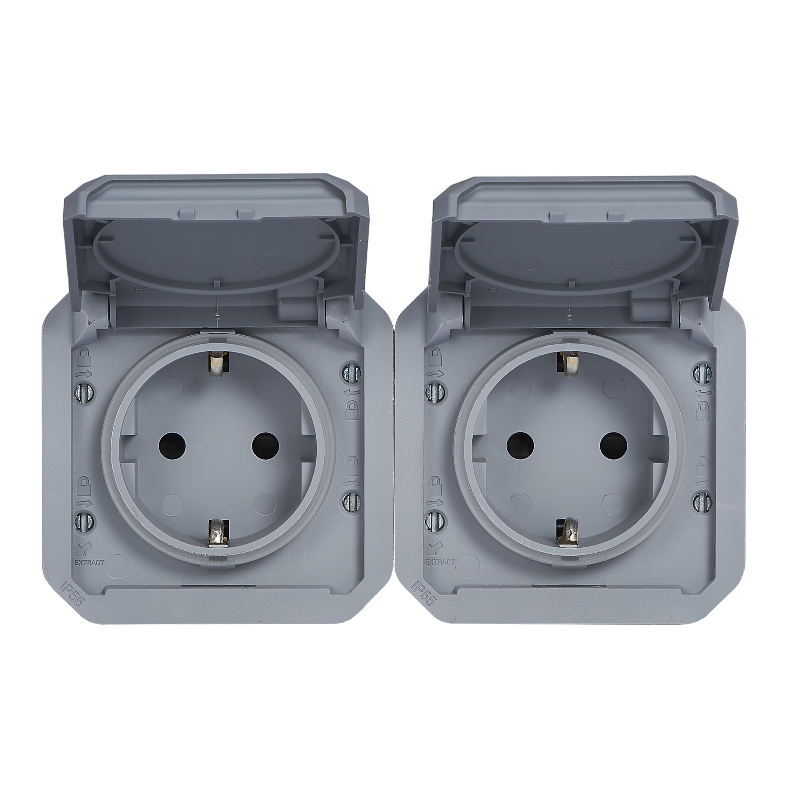 LEGRAND, Plexo New 069576L Prise pour pièces humides 2 prises Schuko standard avec couvercle à charnière, protection anti-contact, pré-câblée, horizon