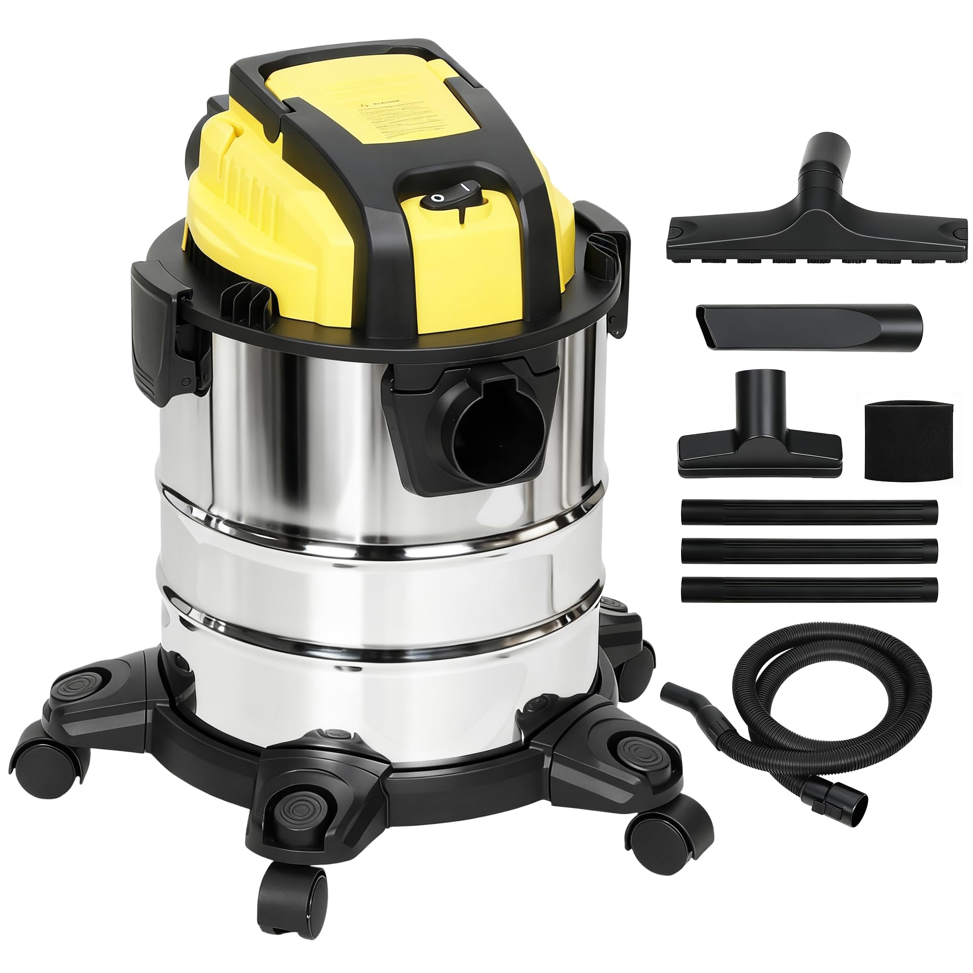 HOMCOM Aspirador en Seco y Húmedo 3 en 1, 1200W, Aspiradora con Función de Soplador, Manguera 2 m, Depósito Inoxidable 20L, Triple Filtro, Boquilla para Suelos y Ranuras, Amarillo