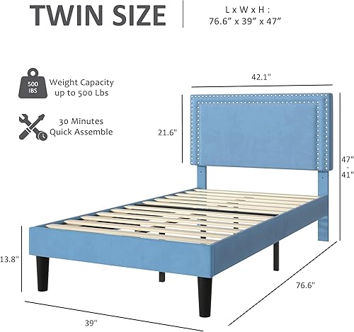Miniatura 92 de VECELO Base de cama de tamaño matrimonial con cabecera tapizada ajustable, plataforma de listones de madera, diseño sin ruido, fácil montaje Negro