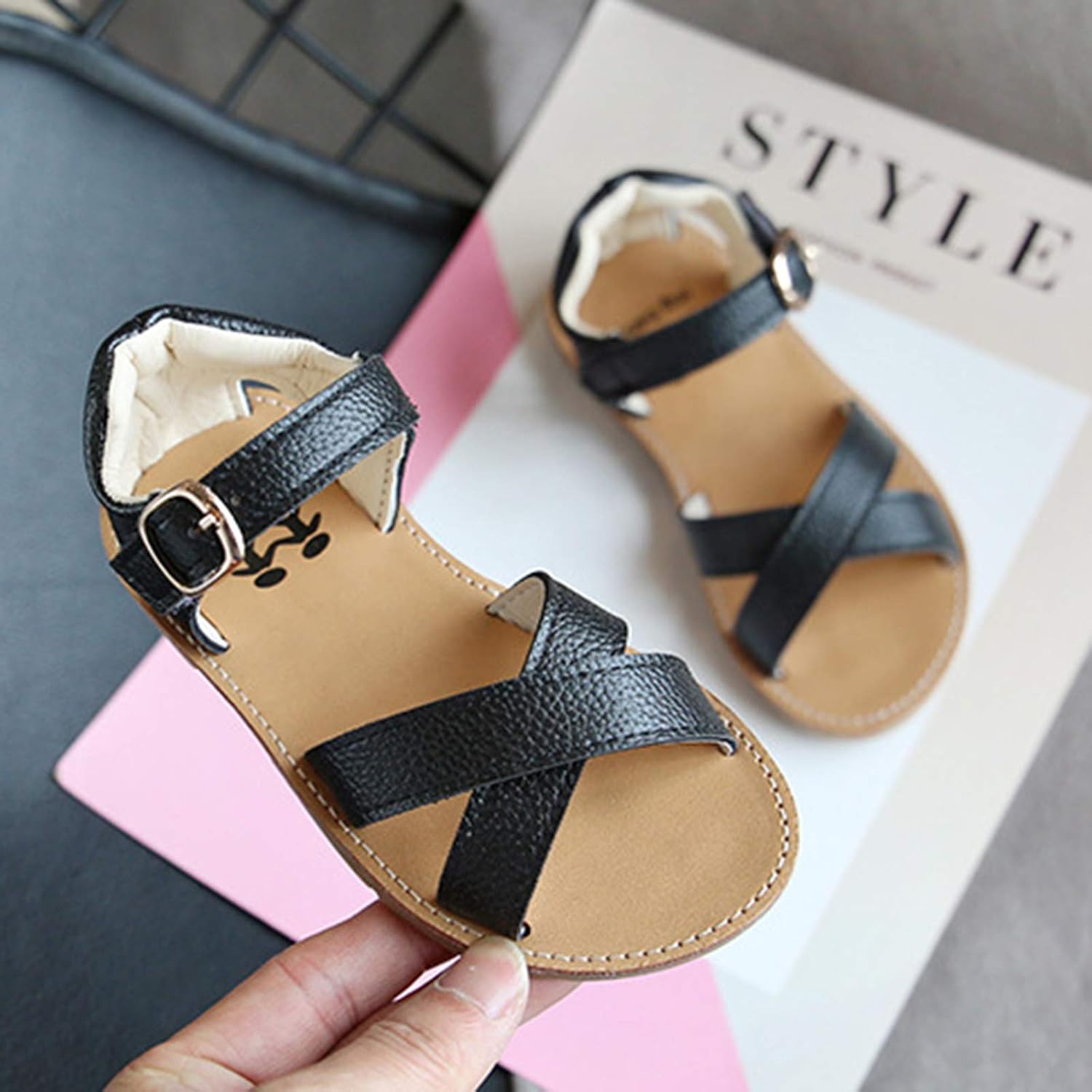 Sandals Toddler Shoes Kids Sandals Non-Slip Baby Cross Solid Rubber Girls Baby Shoes Girls Heels (Black, 15-18 Months)