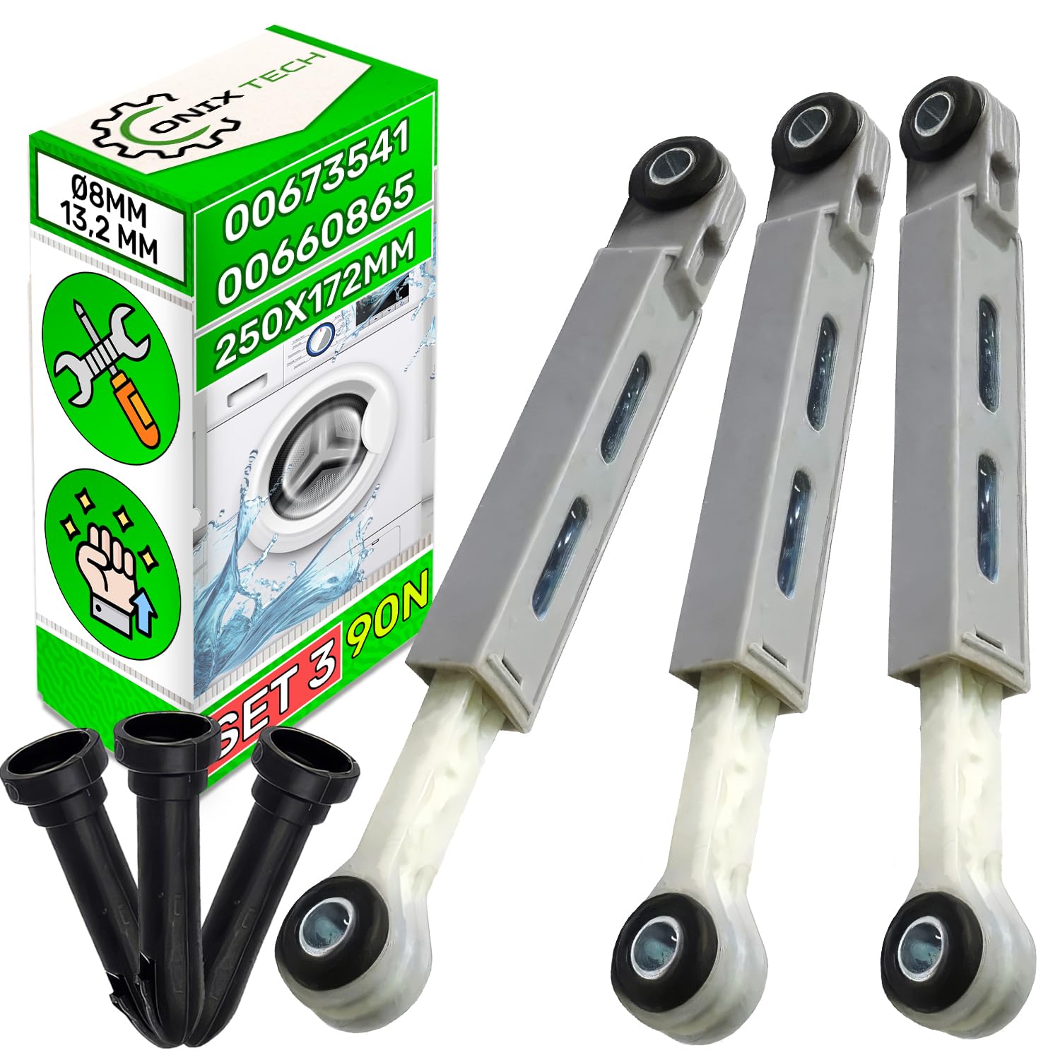 Satz 3 Stück Stoßdämpfer Waschmaschine mit Stiften 90N Ø 8 mm/13,2 mm mit Originalcode 00673541 00660865 742719 00742719 für Bosch für Siemens für Balay - Garantie 5 Jahre - ONIX TECH