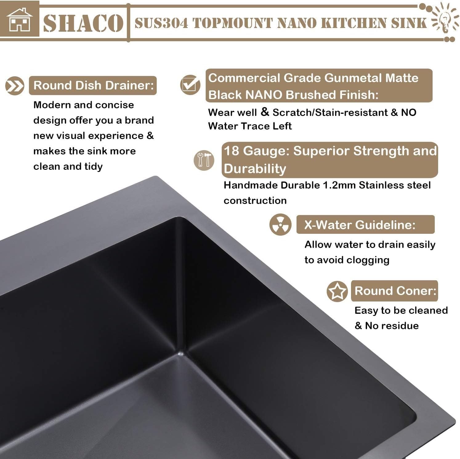 SHACO 28 x 20 Inch Drop in Black Kitchen Sink, Gunmetal Black Top Mount Stainless Steel 9 Inch Deep Single Bowl Laundry Utility Wet Prep Sink