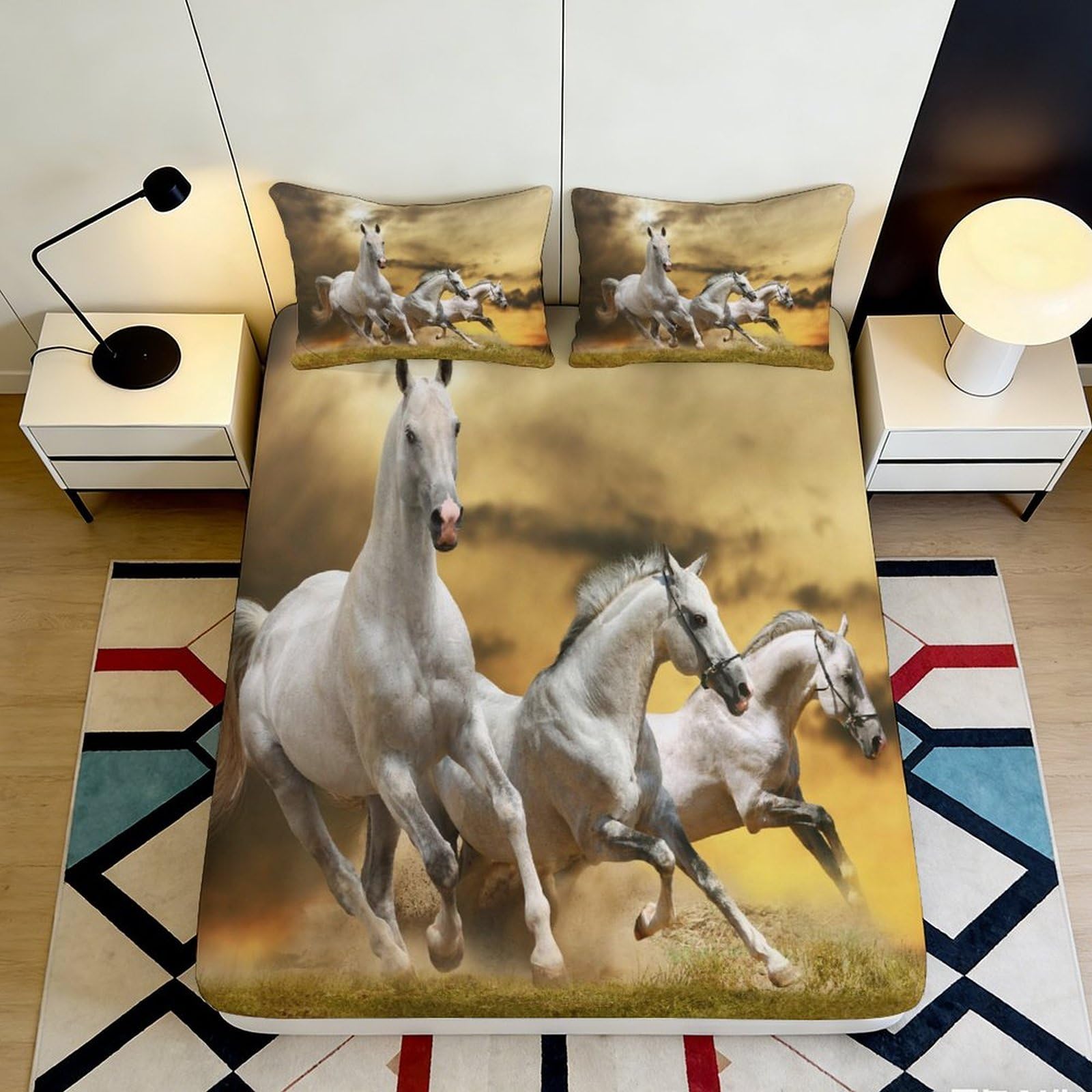 Jqzkxnhpbr Style-2 3D Printed White Horse Fitted Sheet Microfiber Soft Non-Slip Galloping Horses Mattress Cover For Bedroom Dorm Room Mattress Protection Decor 90X200x25cm