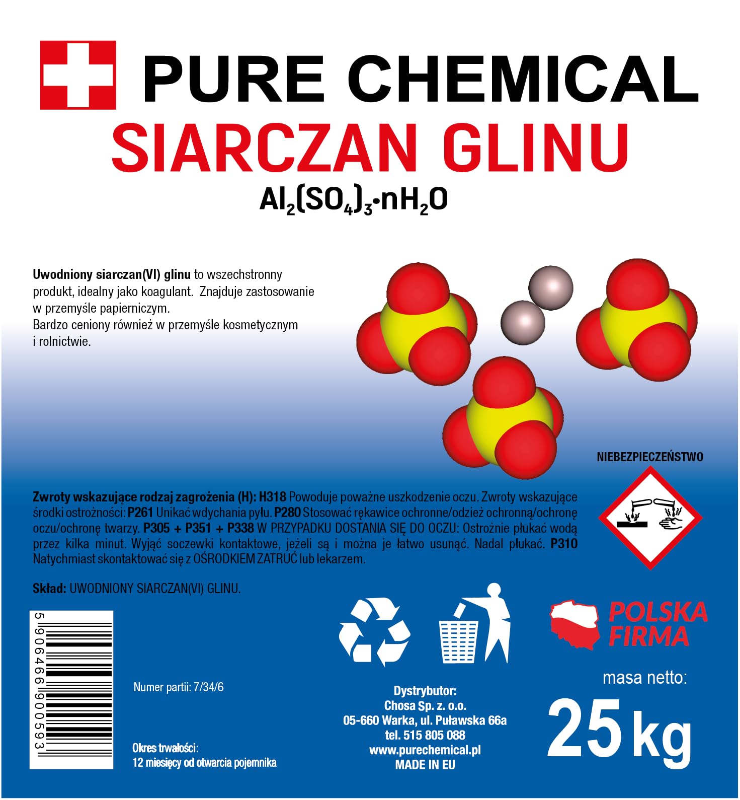 CHOSA Solfato di Alluminio 25kg Polvere Tecnica, Coagulante per Trattamento Acque, Carta, Tessuti, Laboratorio e Uso Industriale