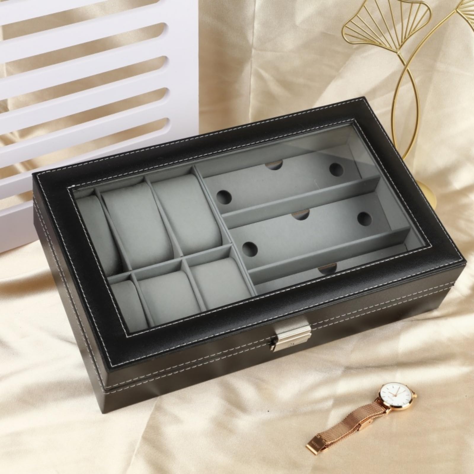 Boîte Montre Similicuir Fenêtre Acrylique Étui Organisateur 3 6 10 12 Emplacements Vitrine Rangement Set - C