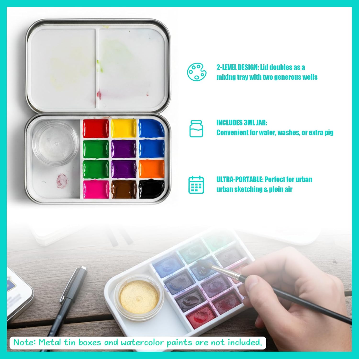 2 Level Watercolor Palette Compatible with Altoids Tins, Portable Travel Watercolor Palette with 3ml Jar, Empty Paint Wells and Mixing Trays for Travel Art, Urban Sketching, Plein Air