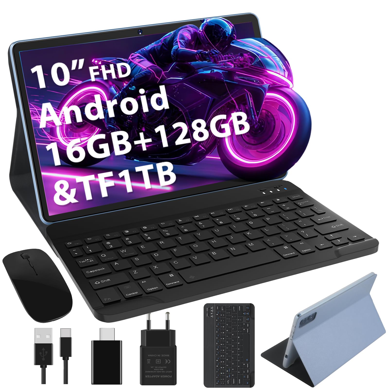 Tablette 10 Pouces, 128Go ROM, 8000mAh, Tablet avec étui, Bleu