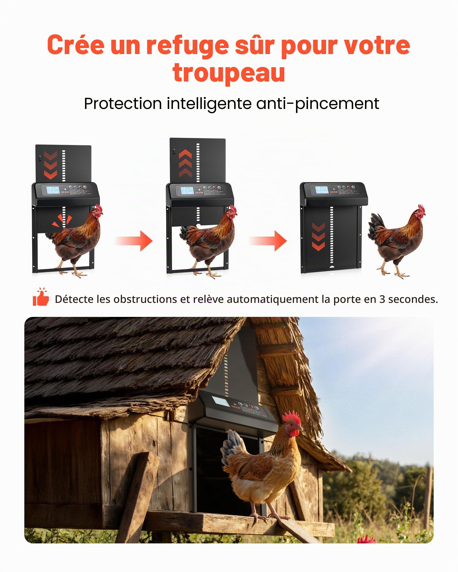 VEVOR Porte Automatique Poulailler Solaire et à Pile, Ouvre-Porte Automatique pour Poulailler, avec Télécommande, Capteur de Lumière et Minuterie, Anti-Pincement, Écran LCD, en Alliage d'Alu, Noir