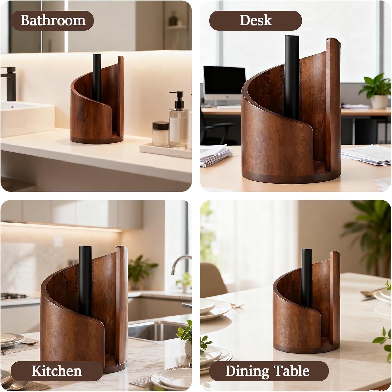 2026 New Mountain Paper Towel Holder Countertop,Natural Mango Wood Round Base and Iron Holder, Wooden Paper Towel Holder for Kitchen Roll Organize Dining Table Home Decor-7-14 Days delivery (Black)