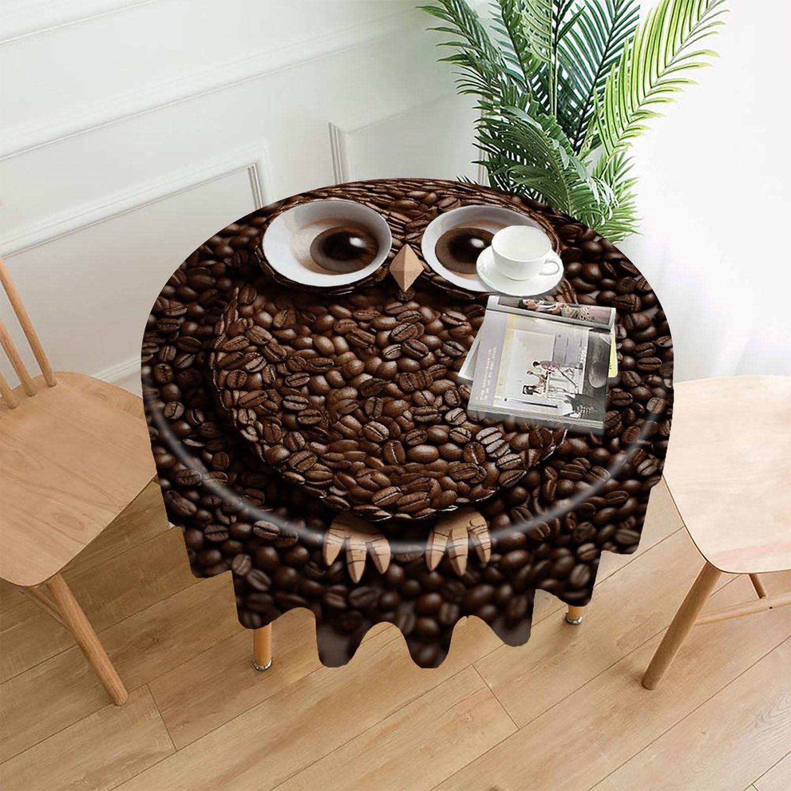 FodPand Coffee Bean Owl Round Tablecloth - 60 Inch Premium Polyester Table Cloth, Fashion Wrinkle Resistant Decorative Table Cover for Dining Kitchen Party Buffet Tables