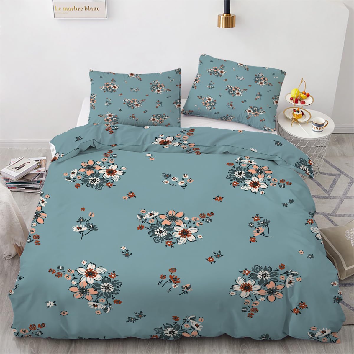 Housse de Couette 240x260 Fleur 3 Pièces en Microfibre pour Lit 2 Personnes