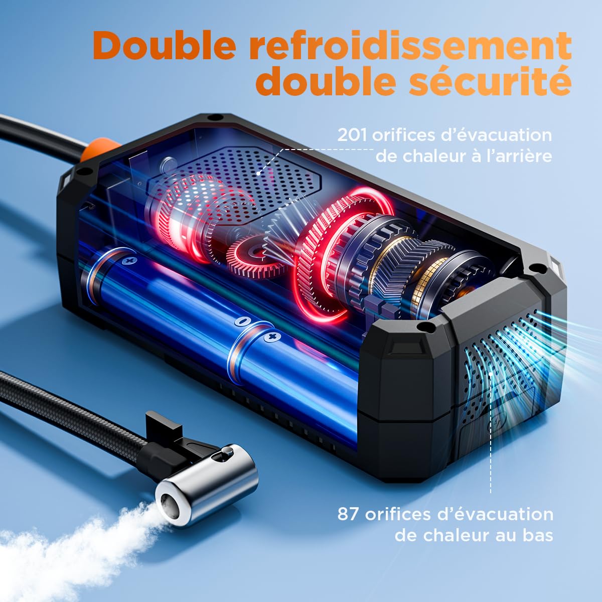 Gonfleur Pneus Voiture, Compresseur à Air Portatif sans Fil, 150 PSI (10,3 Bar), Pompe À Velo Électrique, Arrêt Automatique, LED, avec Tuyau de 60 cm, Noir