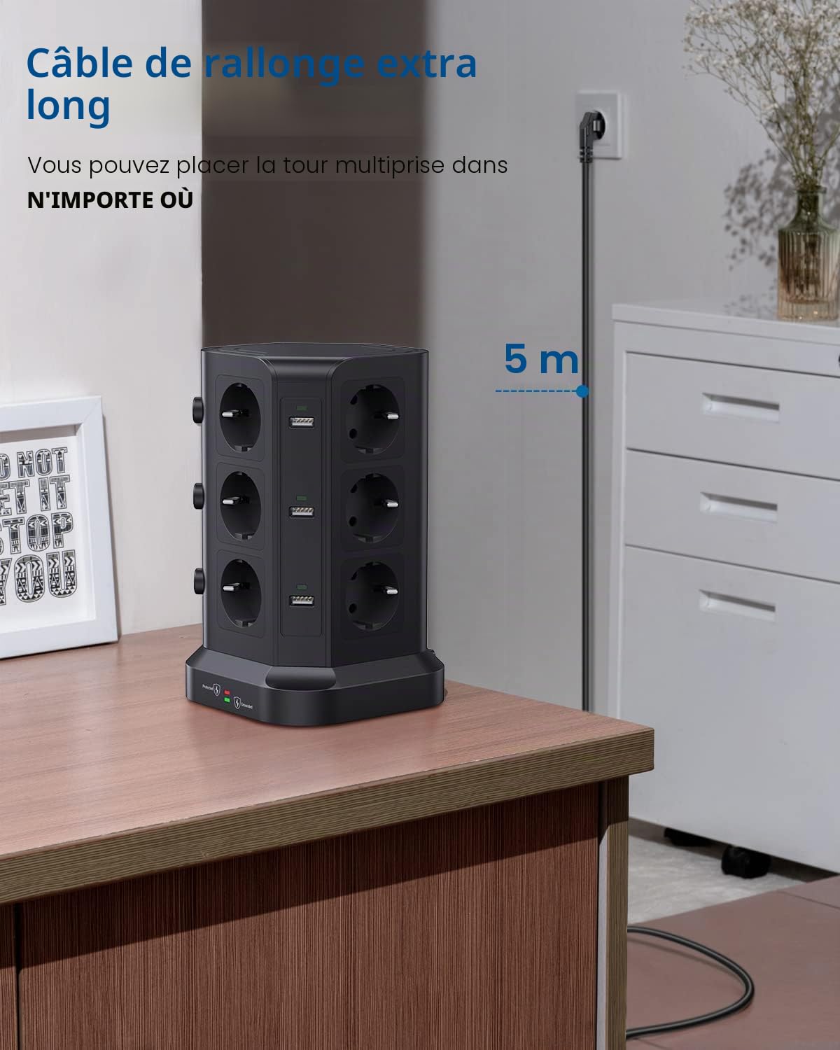 KOOSLA Tour Multiprise, 12 Prises, 6 USB, 5M, Noir | 12 Prises, 6 USB, 4000W/16A, 3 Interrupteurs, Parafoudre, Câble 5M, Bureau