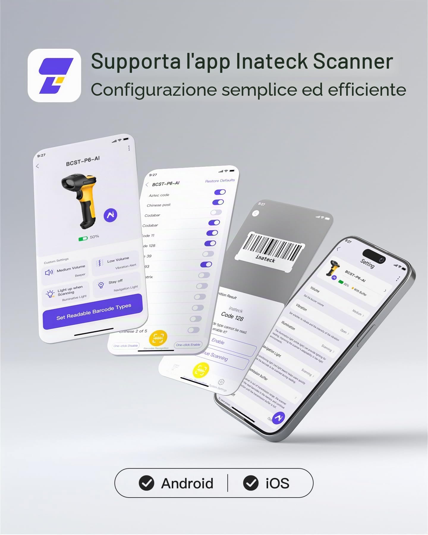 Inateck Lettore Codici a Barre Wireless AI, 2.4GHz Barcode Scanner | Portata 60m Batteria 2600mAh Durata Batteria Uso ininterrotto 1 Mese | Lettura Automatica Veloce e Precisa, P6-AI