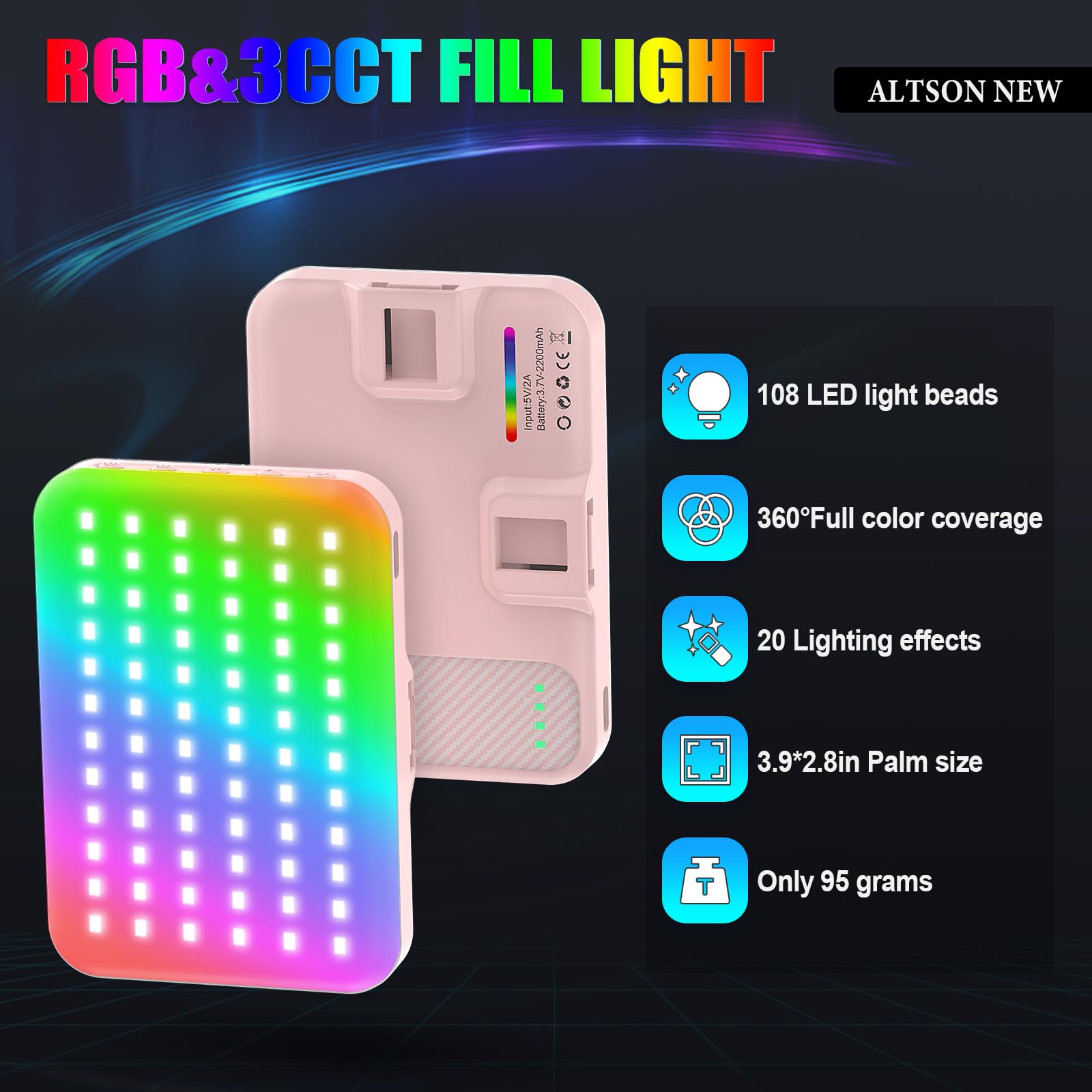 108 LED Video Light, 2500K-6500K RGB Selfie Light for iPhone-CRI 97+, 2200mAh Camera Light with 3CCT/RGB 360° Full Color/20 Lighting Effects, Portable Phone Light for Party, Photography, Streaming