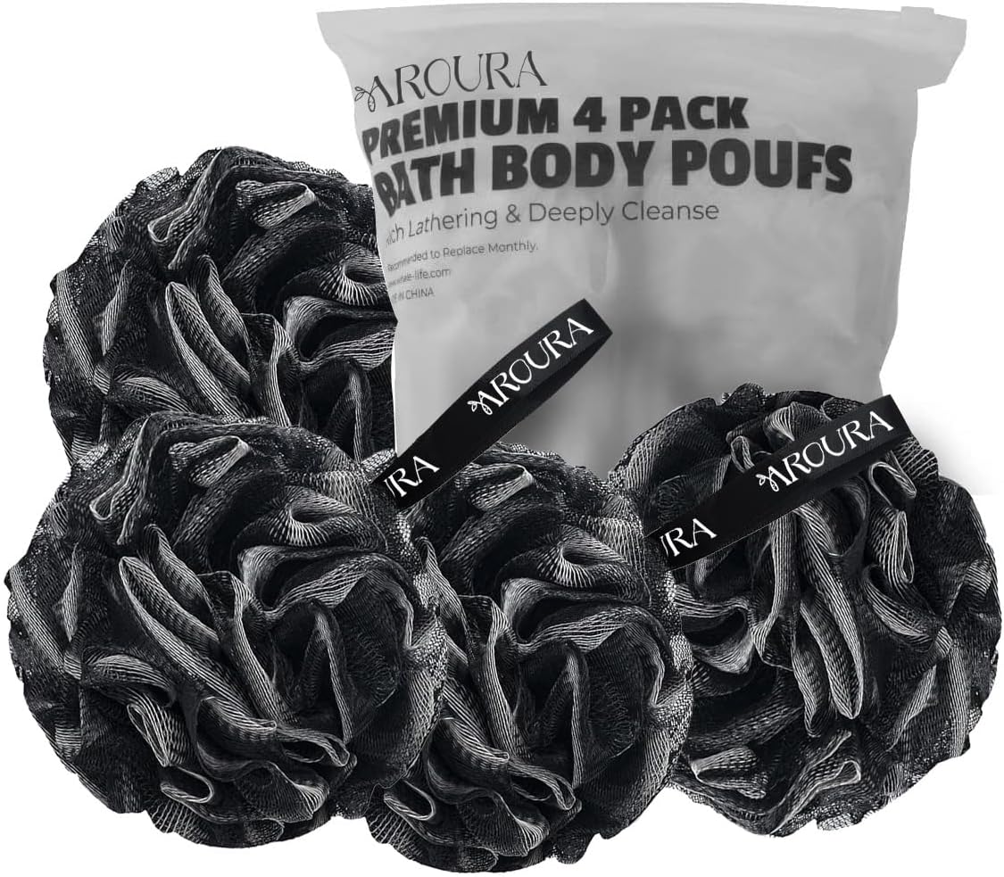 Aroura Premium Bamboo Charcoal Shower Puff - 4 Pack Black Bath Sponges - X-Large Mesh Pouf Loofahs for Enhanced Skin Care for Men & Women - Nature-Inspired, Luxurious Bathing Experience