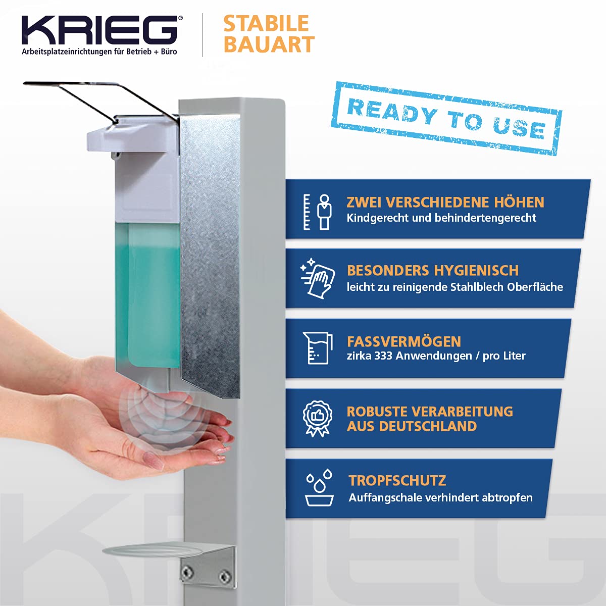 KRIEG Desinfektionsmittelständer mit Auffangteller stehend I Silber I Hygienestation freistehend & mobil I Hygienesäule mit Desinfektionsmittel I 1000 ml - 333 Sprühstöße I Ready to go