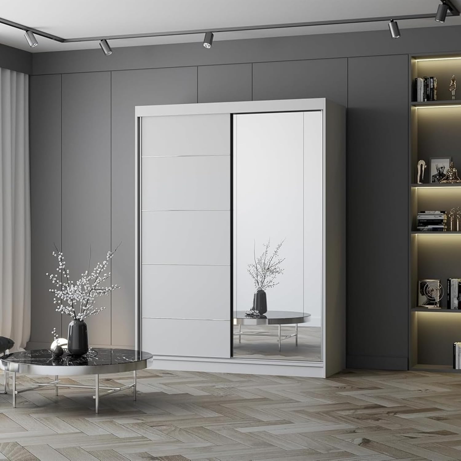 Fabryka Mebli Idźczak Kleiderschrank mit Spiegel, Schwebetürenschrank, Schlafzimmerschrank - ‎61 x 150 x 200 cm - Schrank für Schlafzimmer, Ankleidezimmer, Garderobe - Imoebel24