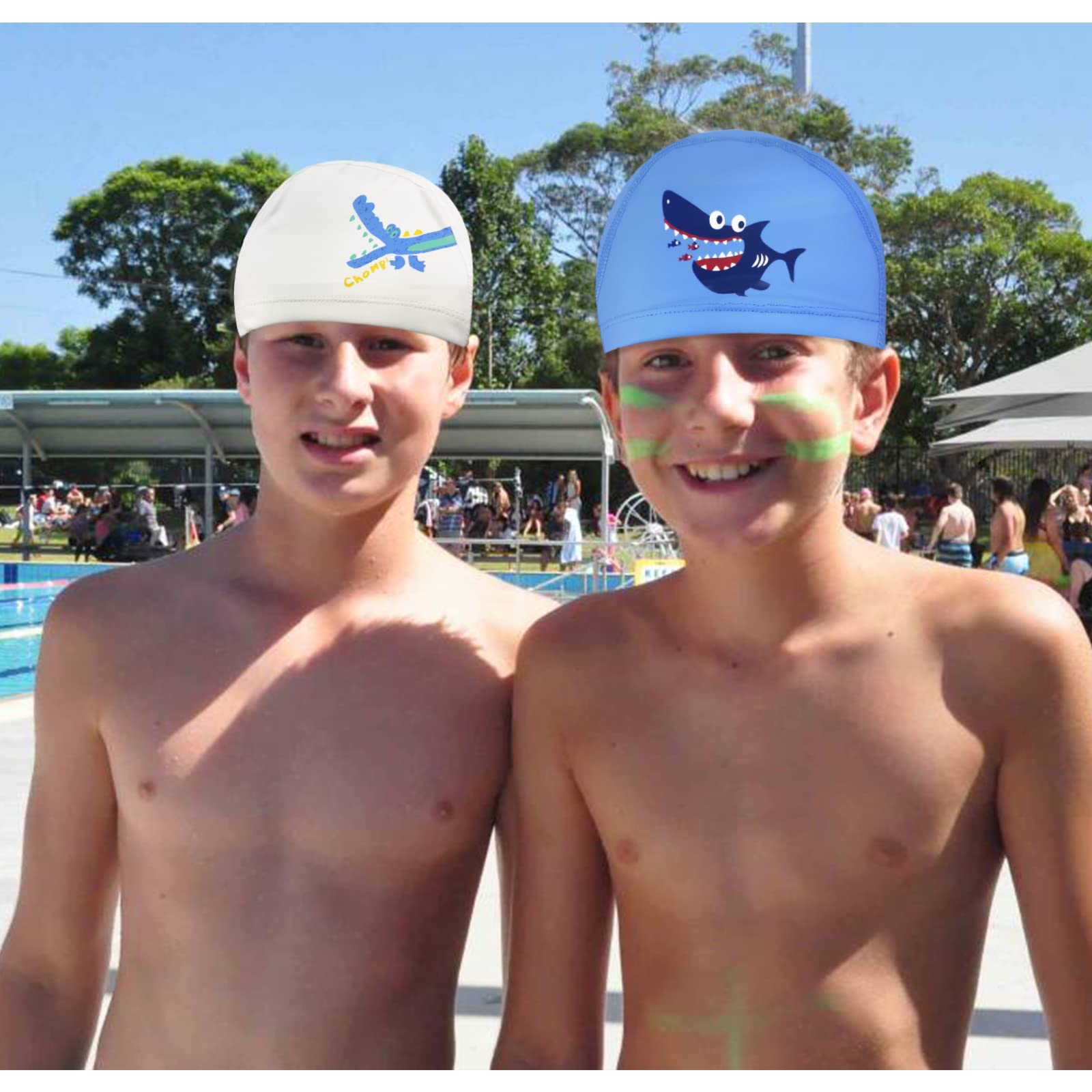 Pack 2 Gorros De Natación Infantiles - Estampados Dinosaurio/Tiburón (1-8 Años)