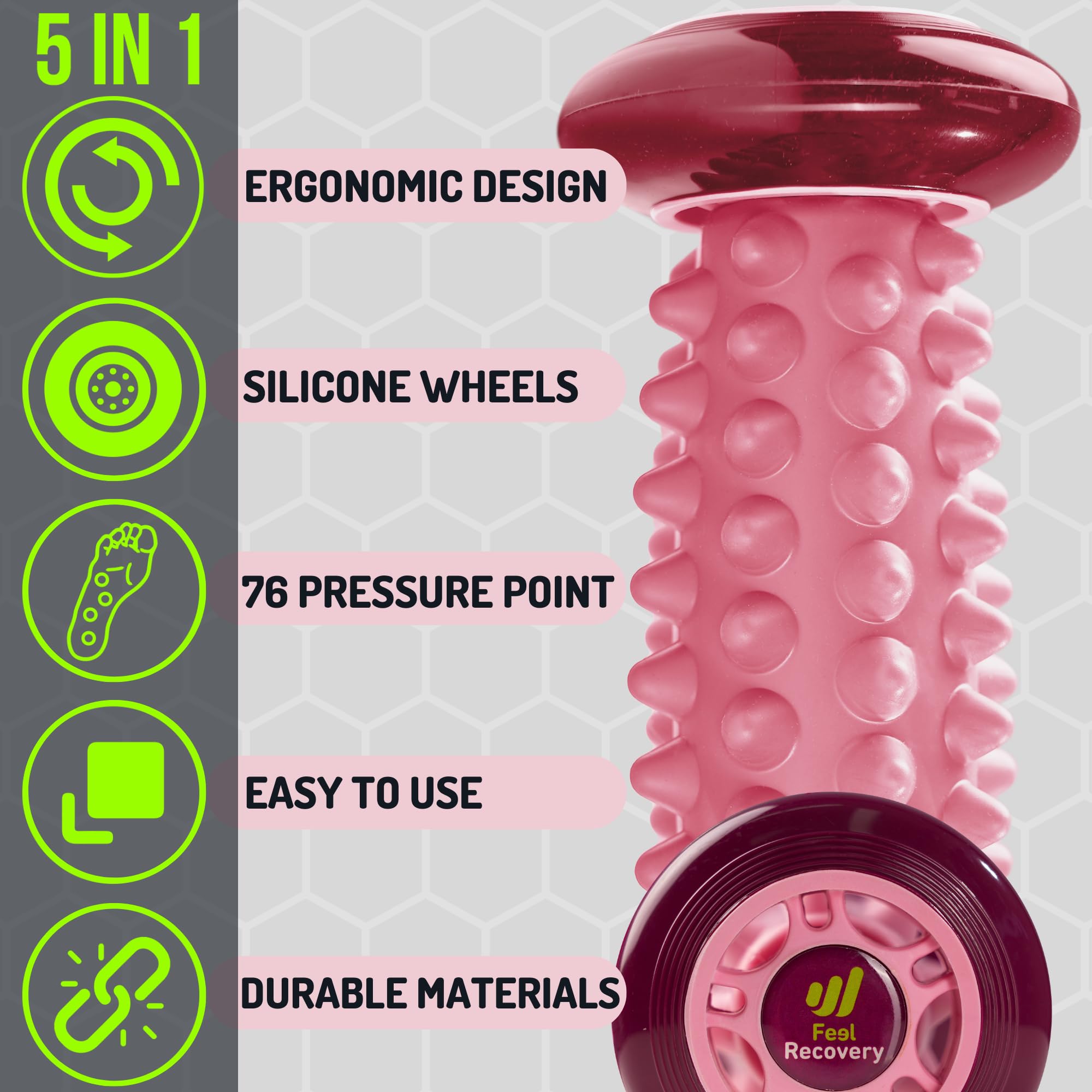 Set Rodillo Masajeador Pies para Fascitis Plantar + Pelota con Pinchos para Masaje Reflexología Podal - Kit Acupresión Alivio Dolor de Planta y Talón del Pie, Piernas, Anticelulitis (Rosa)