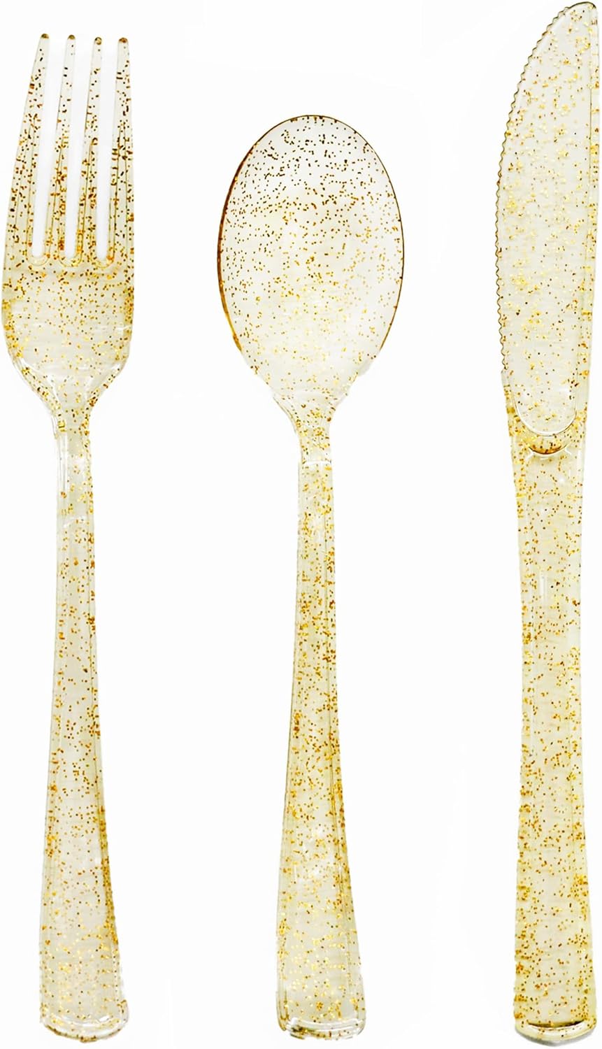 joy akkess 150 Pack Gold Plastic Silverware, Gold Glitter